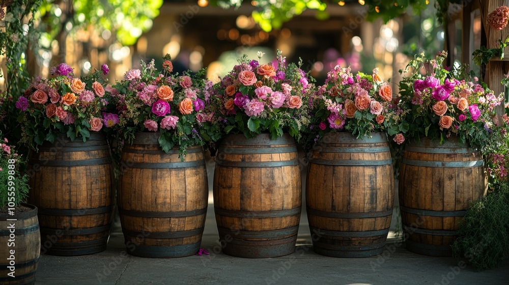 Wooden barrels set up for a rustic photo booth at an outdoor event, decorated with flowers and vintage props, photorealistic Wooden barrels set up for a rustic photo booth at an outdoor event, decorated with flowers and vintage props, photorealistic