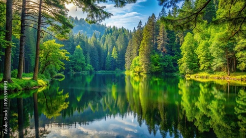 A serene forest scene with a tranquil lake in the foreground, surrounded by tall trees and lush greenery, water features, forest landscape, nature reserve