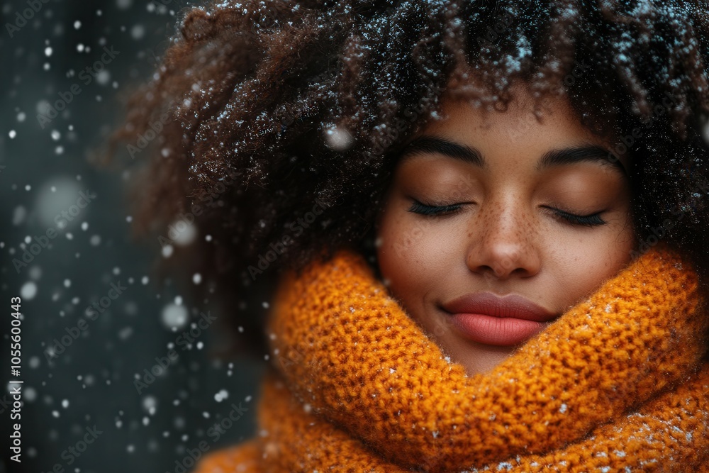 A young woman stands peacefully in falling snow, her eyes closed and a serene expression on her face. A young woman stands peacefully in falling snow, her eyes closed and a serene expression on her face.