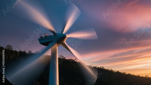 Wind turbine spinning at sunset with scenic sky in background