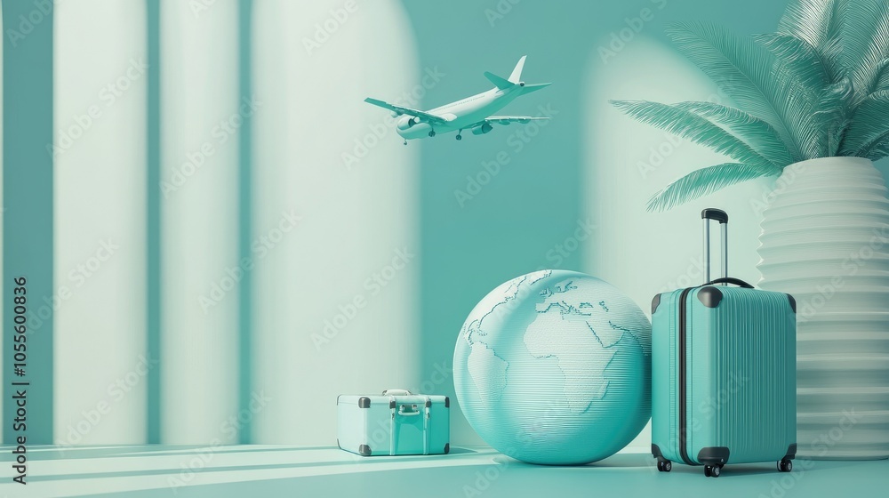 3D travel concept with a globe, suitcase, and airplane on a light background, designed for vacation and holiday themes. 3D travel concept with a globe, suitcase, and airplane on a light background, designed for vacation and holiday themes.