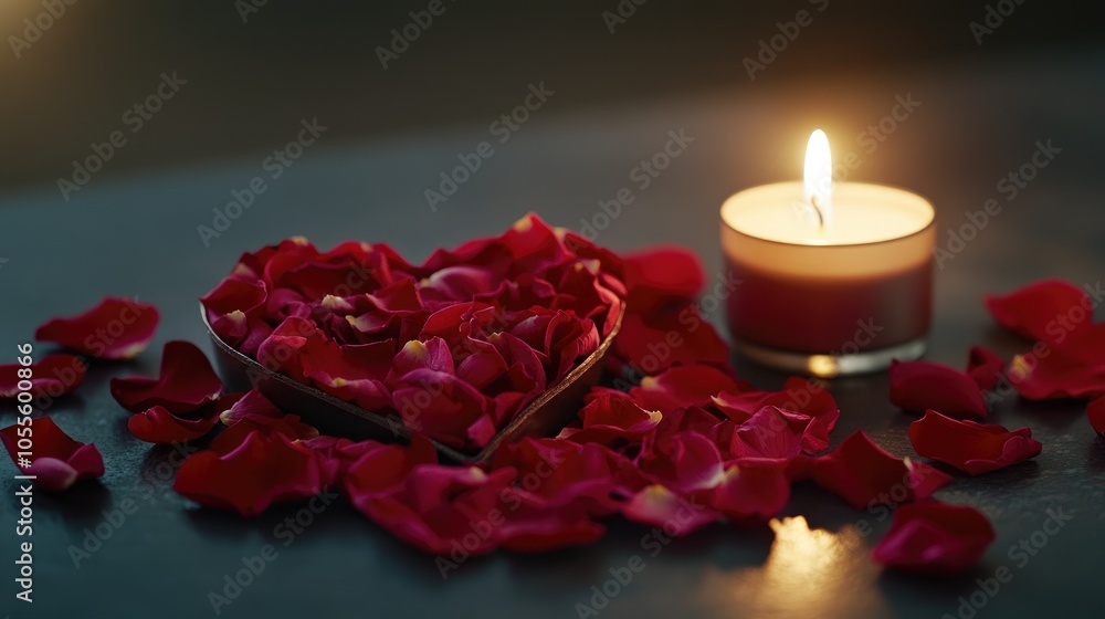 Romantic representation of love featuring a heart made of rose petals and a candle Romantic representation of love featuring a heart made of rose petals and a candle
