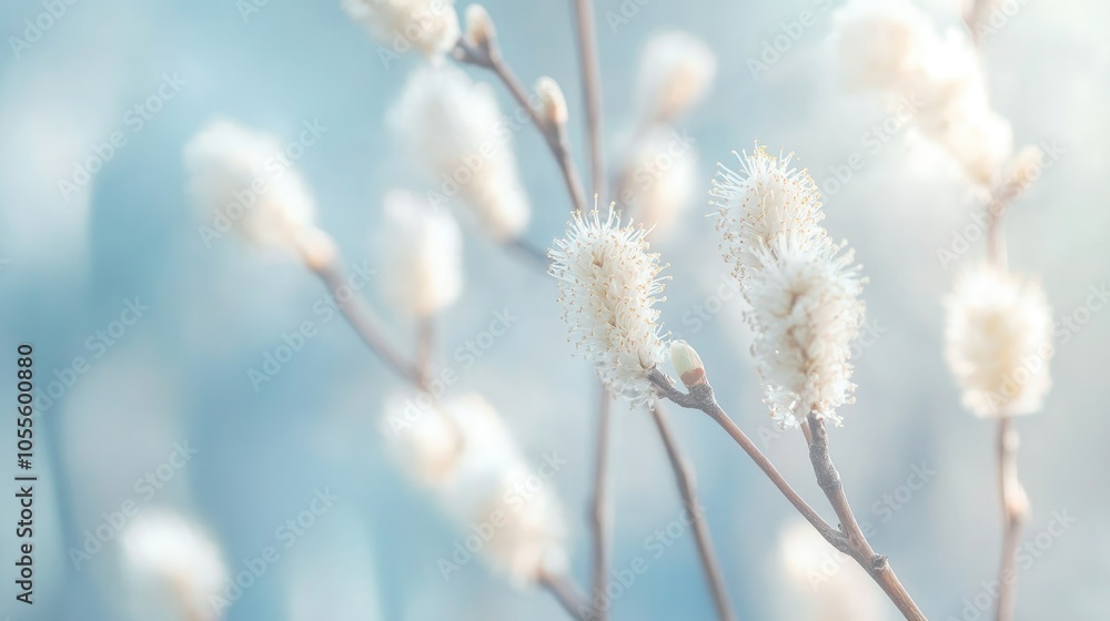 Fluffy willow branches in bloom during spring captured in a close up macro shot with a soft focus and a light toned blue background Fluffy willow branches in bloom during spring captured in a close up macro shot with a soft focus and a light toned blue background