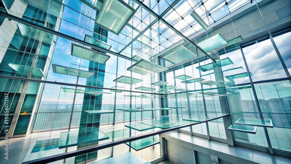 Glass board layers falling in the air with window pan frame