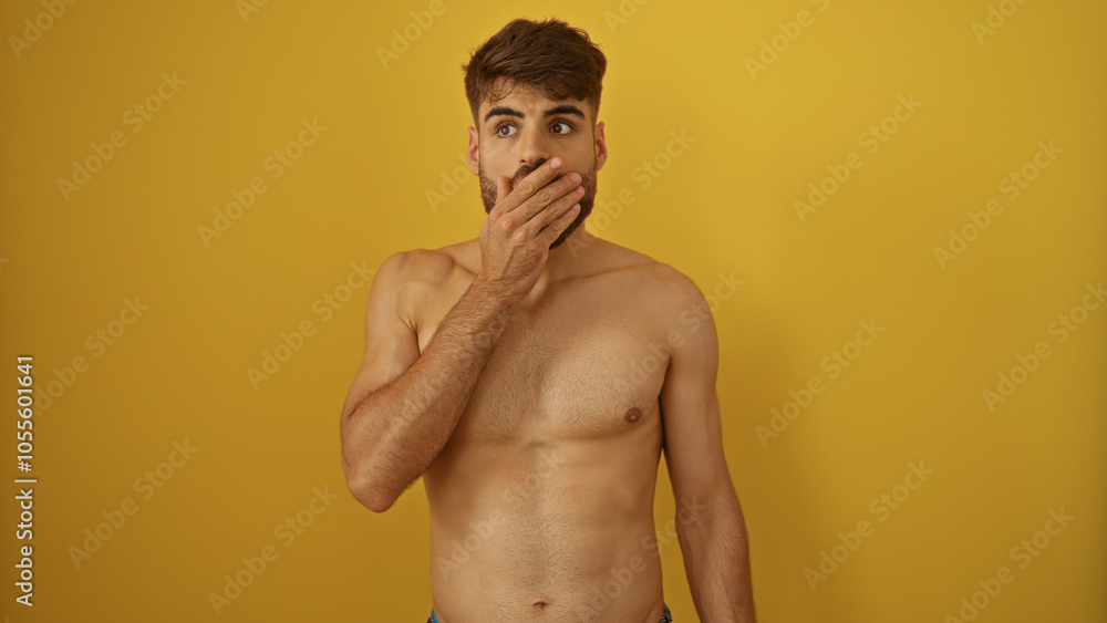 Fototapeta premium Young man with a beard looking surprised, covering his mouth, against an isolated yellow background