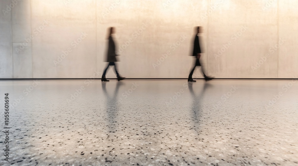 Blurred motion of two professionals walking in a modern office building corridor Blurred motion of two professionals walking in a modern office building corridor