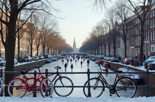 Winter canal scene in Amsterdam with bicycles and frozen water