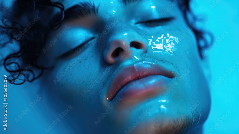 A person self embraces eyes gently closed in a dreamlike state against a blue backdrop A person self embraces eyes gently closed in a dreamlike state against a blue backdrop