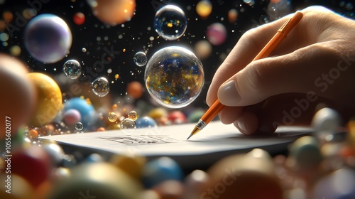 Writing on Paper with Surrounding Bubbles and Orbs