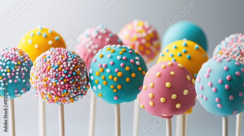 Colorful cake pops on sticks displayed against a white backdrop featuring rounded shapes dotted patterns and vibrant pop art aesthetics