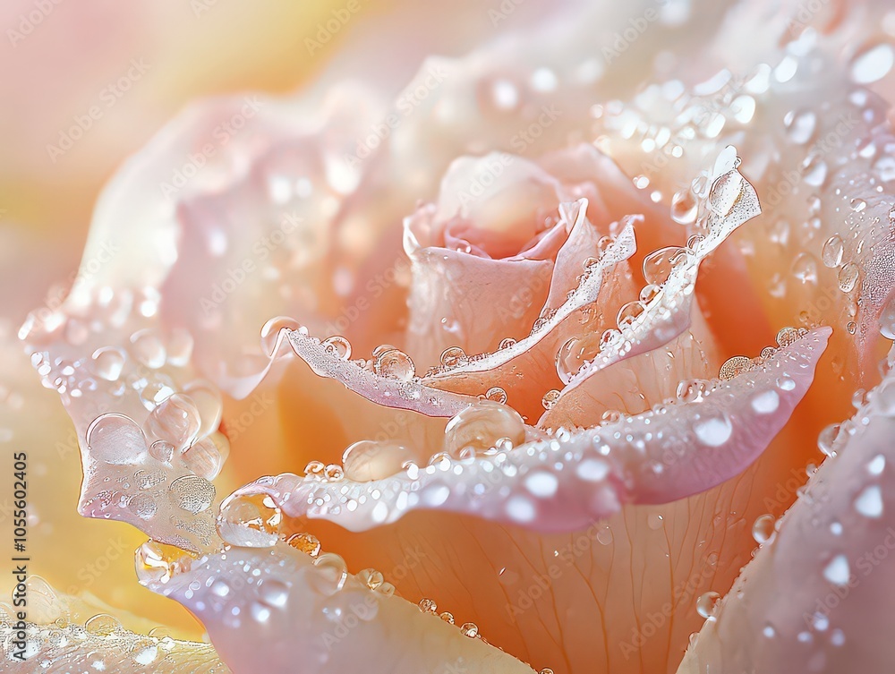 Fototapeta premium Soft pink rose in extreme close-up, covered in gentle dewdrops, capturing elegance and freshness. Represents purity, romance, and the beauty of nature.