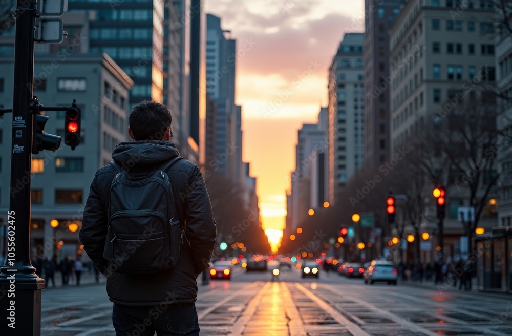 Man with backpack standing in urban street at sunset Man with backpack standing in urban street at sunset