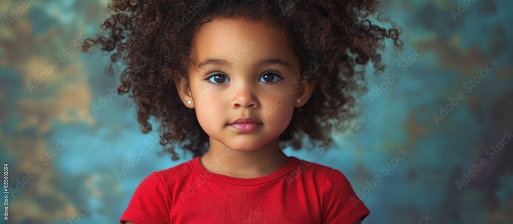 Beautiful Little Girl Red T Shirt Blue Curly Hair Background Beautiful Little Girl Red T Shirt Blue Curly Hair Background