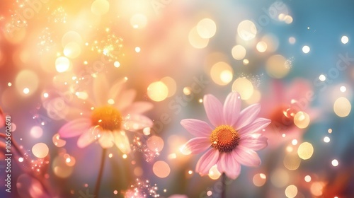 Soft focus daisy flowers with bokeh glitter lights showcasing a stunning wildflower field landscape perfect for a dreamy spring background wallpaper