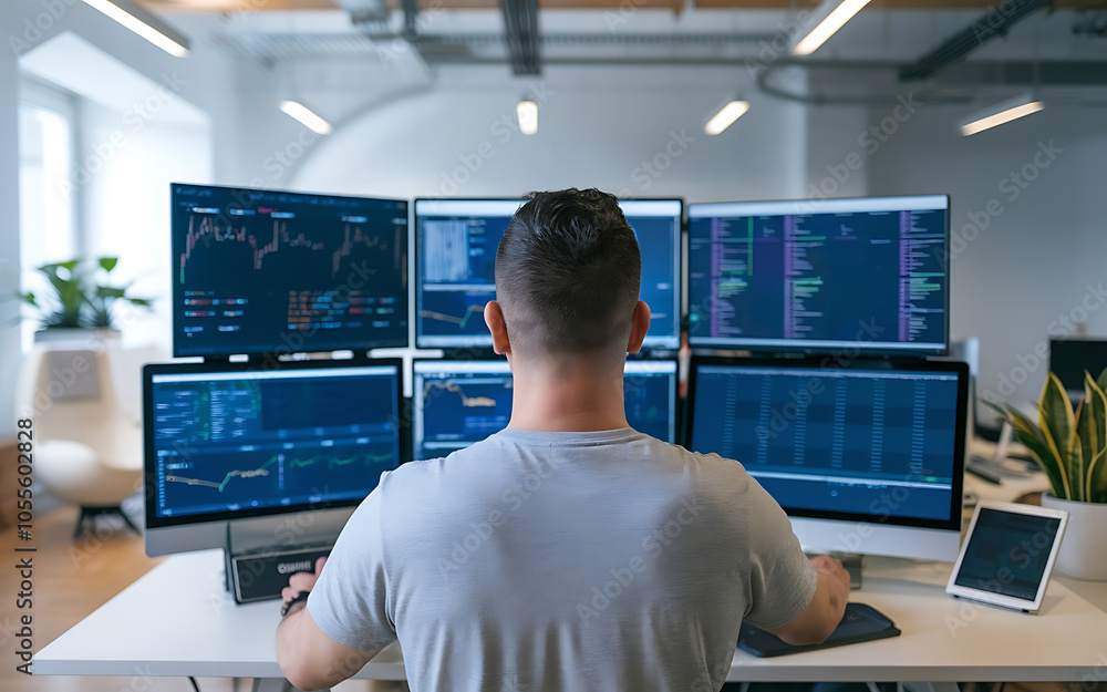 Man in grey shirt working on multiple computer screens with financial data modern office Man in grey shirt working on multiple computer screens with financial data modern office