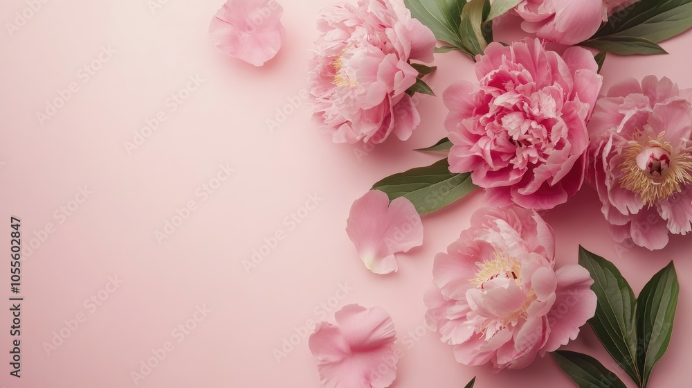 Lovely arrangement of pink peony flowers on a soft pink surface for a festive celebration Flat lay composition Lovely arrangement of pink peony flowers on a soft pink surface for a festive celebration Flat lay composition
