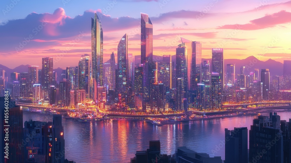 Dynamic view of Seoul financial district, with modern skyscrapers reflecting the evening light. Dynamic view of Seoul financial district, with modern skyscrapers reflecting the evening light.