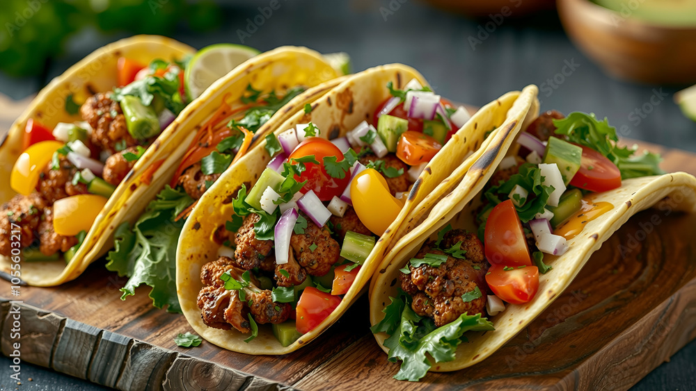 Three cauliflower tacos are featured in a closeup shot on a wooden cutting board Three cauliflower tacos are featured in a closeup shot on a wooden cutting board
