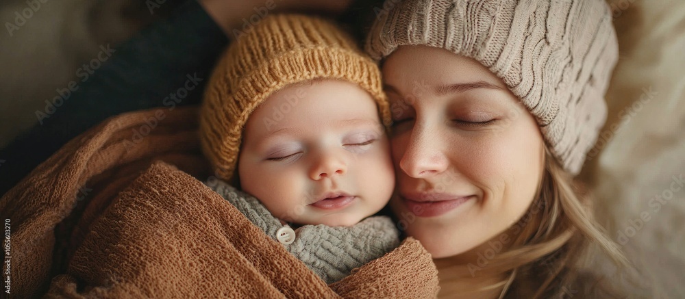 Newborn Baby With His Mother On The Brown Blankets Folded Handles Close Up Newborn Baby With His Mother On The Brown Blankets Folded Handles Close Up