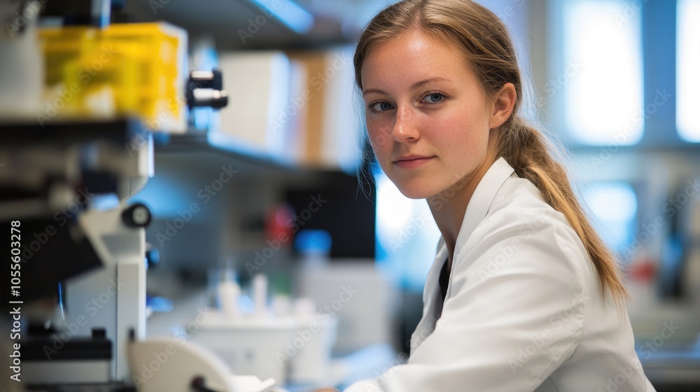 Fototapeta premium Portrait of a female biomedical engineer working in a research lab focused on creating innovative life saving medical solutions