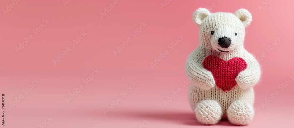 Fototapeta premium Adorable knitted polar bear toy clutching a red heart against a pink backdrop with room for text in the image. Copy space image. Place for adding text and design