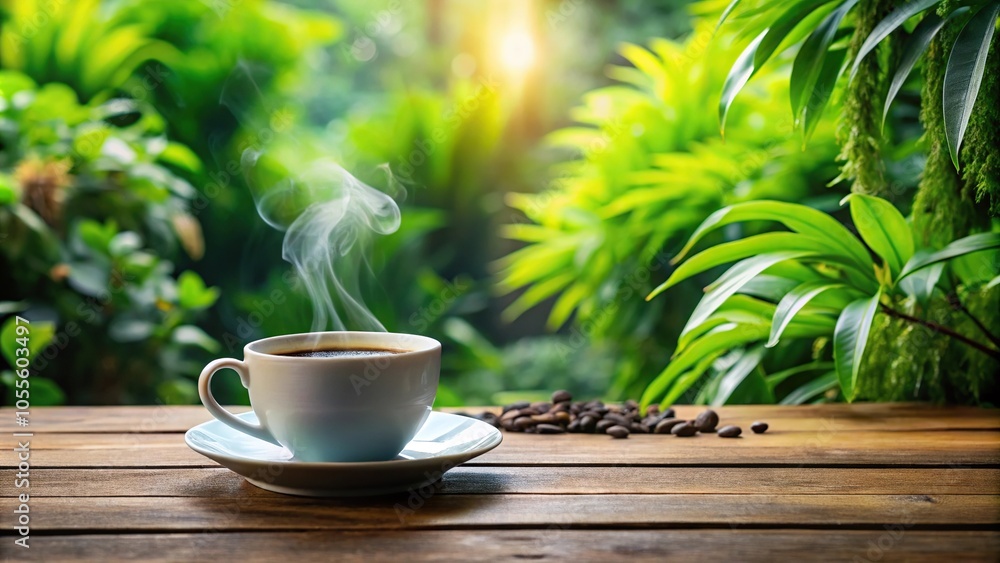 A steaming cup of coffee on a wooden table surrounded by lush green plants and a natural fiber rug, coffee, plants A steaming cup of coffee on a wooden table surrounded by lush green plants and a natural fiber rug, coffee, plants