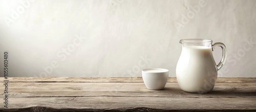 Jug And Glass With Fresh Milk On Wooden Table Space For Text