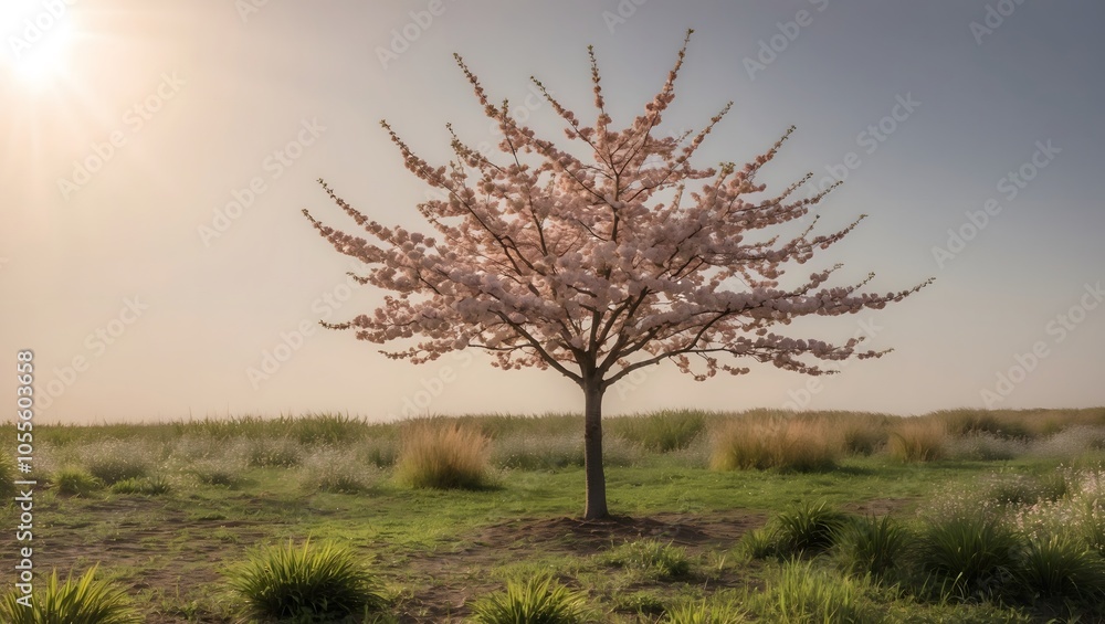 Obraz premium Blossom Tree in Glowing Field at Sunset