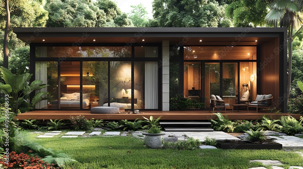 Small garden house design with warm earthy tones open floor plan and a spacious deck blending with nature and colorful landscaping Small garden house design with warm earthy tones open floor plan and a spacious deck blending with nature and colorful landscaping