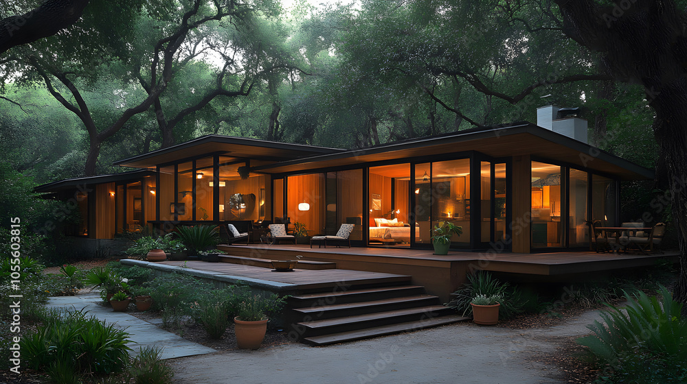 Modern rustic garden house with a welcoming porch surrounded by potted plants large windows and a cozy indoor-outdoor feel Modern rustic garden house with a welcoming porch surrounded by potted plants large windows and a cozy indoor-outdoor feel