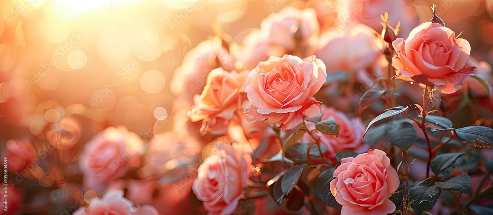 A detailed image capturing a cluster of vibrant pink roses blossoming in the sunlight with copy space image A detailed image capturing a cluster of vibrant pink roses blossoming in the sunlight with copy space image