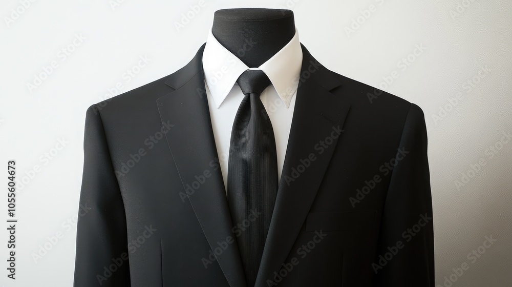 Elegant black business suit jacket paired with a white shirt and tie set against a clean white backdrop Elegant black business suit jacket paired with a white shirt and tie set against a clean white backdrop
