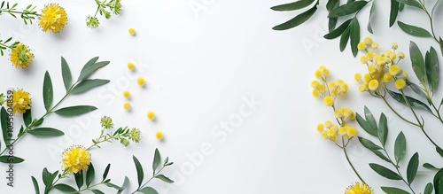 Top view of Acacia flowers and leaves on a white background suitable for a postcard with space for text ideal for a copy space image photo