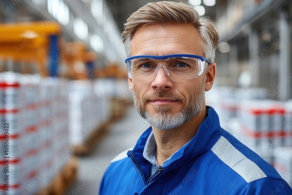 A middle aged man with a well groomed beard wears protective eyewear and a blue jacket while standing confidently in a spacious industrial warehouse filled with stacked pallets and products, showcasin A middle aged man with a well groomed beard wears protective eyewear and a blue jacket while standing confidently in a spacious industrial warehouse filled with stacked pallets and products, showcasin