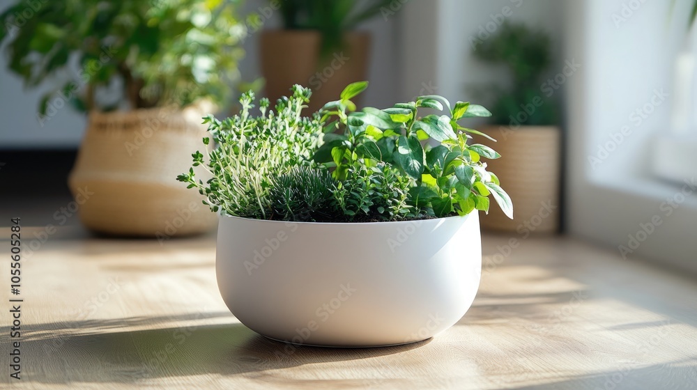 White Planter Featuring Slim Leaf Green Plants on a Wooden Surface White Planter Featuring Slim Leaf Green Plants on a Wooden Surface