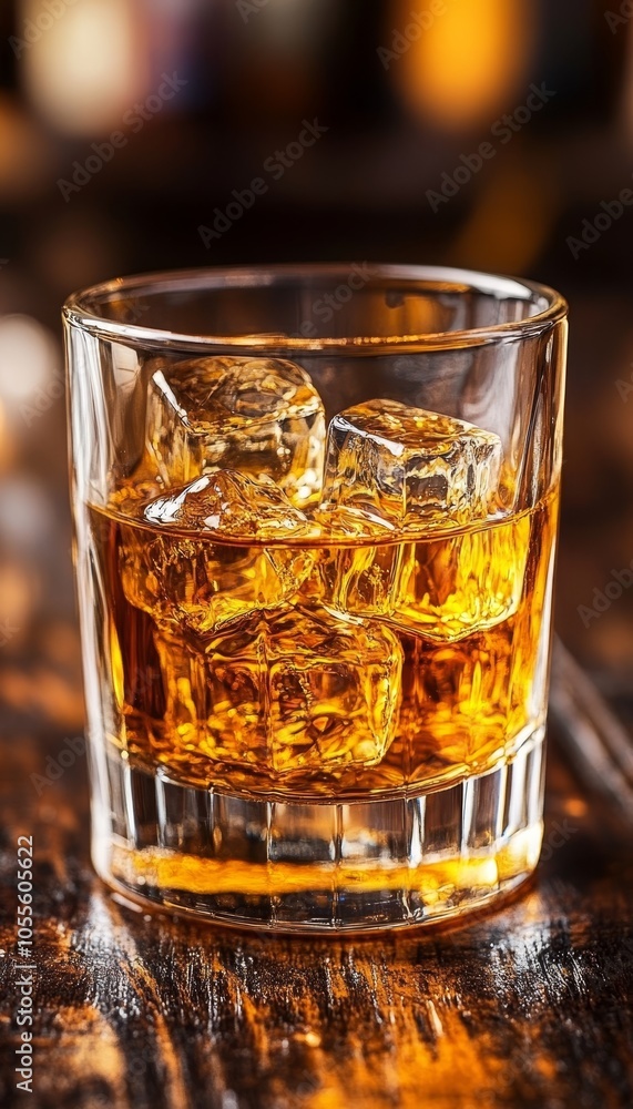 Glass of golden whiskey with ice cubes on a vintage wooden table in a dimly lit bar setting Glass of golden whiskey with ice cubes on a vintage wooden table in a dimly lit bar setting