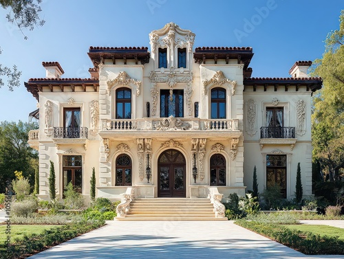  Italianate stucco facade featuring curved scrolls, acanthus leaves, and festoon details along cornices; textured reliefs create an opulent Old World grandeur. photo