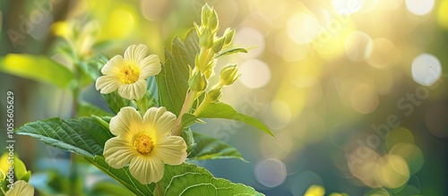 Blooming Turnera ulmifolia ramgoat dashalong or yellow alder flowers in the yard with copy space image photo