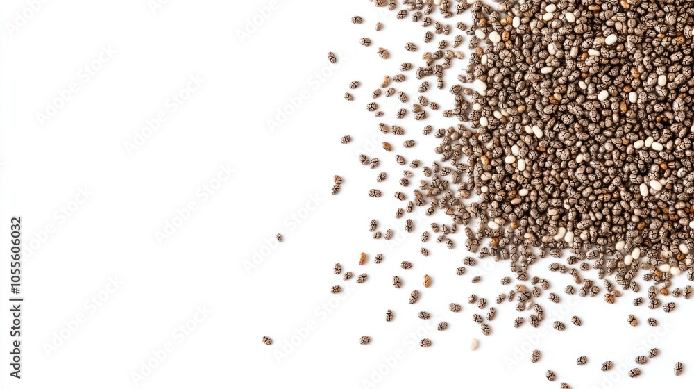 Close up macro image of scattered chia seeds isolated on a white background viewed from above Close up macro image of scattered chia seeds isolated on a white background viewed from above