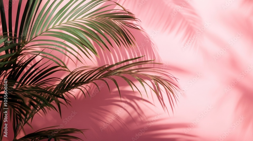 Tropical palm leaf shadow cast on a soft pink backdrop creating a summery aesthetic Tropical palm leaf shadow cast on a soft pink backdrop creating a summery aesthetic