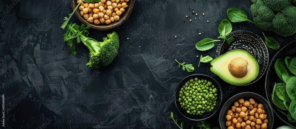 Φωτογραφία Vegan food set featuring broccoli avocado mung beans chickpeas and greens on a b