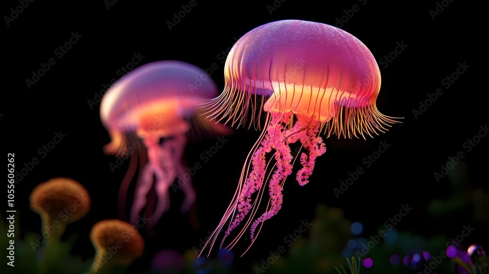 Glowing Jellyfish Floating in Dark Water Glowing Jellyfish Floating in Dark Water