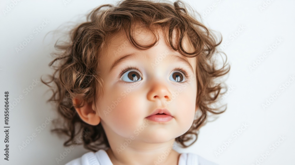 Adorable baby with big brown eyes, soft curly hair, and gentle smile, looking curious, isolated on white Adorable baby with big brown eyes, soft curly hair, and gentle smile, looking curious, isolated on white