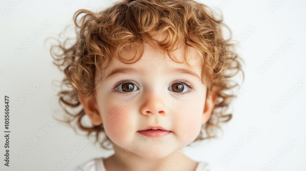 Adorable baby with big brown eyes, soft curly hair, and gentle smile, looking curious, isolated on white Adorable baby with big brown eyes, soft curly hair, and gentle smile, looking curious, isolated on white
