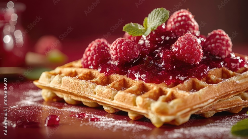 Waffles topped with raspberry and mint on a deep red backdrop Close up view showcasing delicious jam AI generated image Waffles topped with raspberry and mint on a deep red backdrop Close up view showcasing delicious jam AI generated image