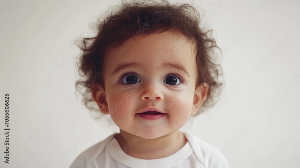 Adorable baby with big round eyes, gentle smile, and a soft face, showing innocence, isolated on white Adorable baby with big round eyes, gentle smile, and a soft face, showing innocence, isolated on white