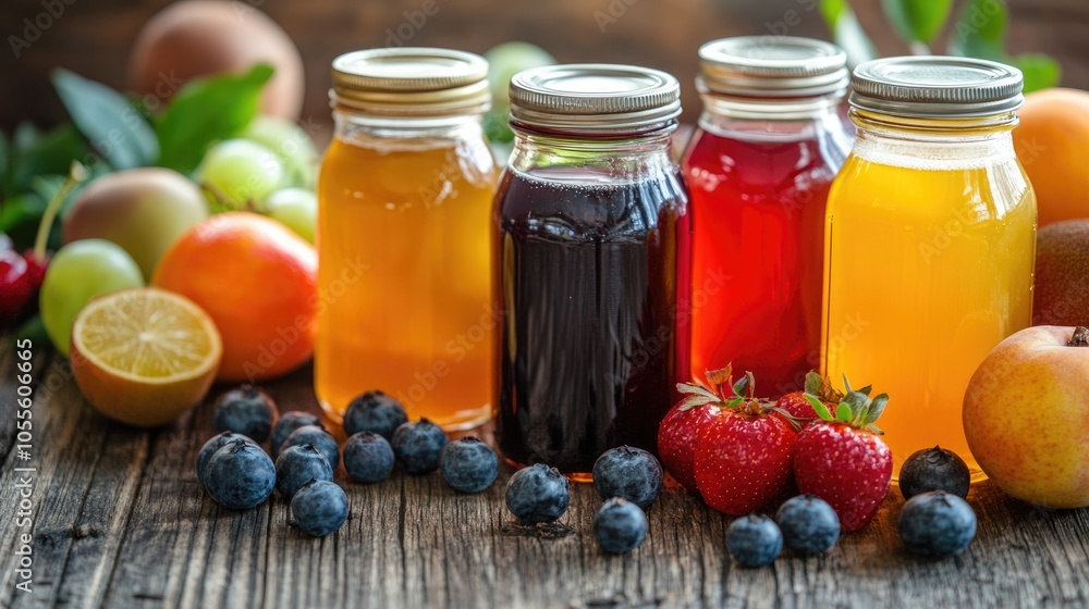 Vibrant jars of fresh fruit juice amidst colorful fruits on a wooden surface ideal for promoting a healthy lifestyle Vibrant jars of fresh fruit juice amidst colorful fruits on a wooden surface ideal for promoting a healthy lifestyle