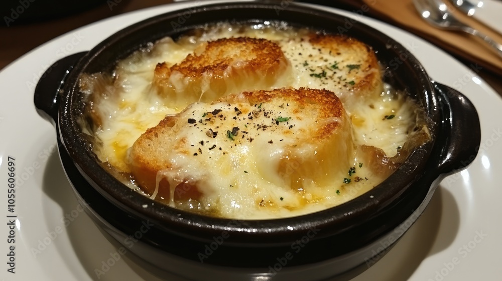 French onion soup with melted cheese and toasted bread. French onion soup with melted cheese and toasted bread.