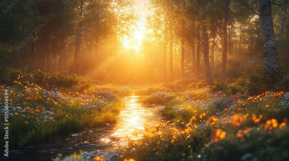 Golden Forest Stream A Serene Sunrise Golden Forest Stream A Serene Sunrise