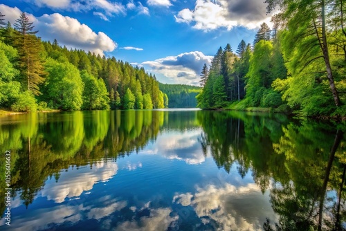 A tranquil lake surrounded by towering trees and lush forest vegetation, water, nature, wildlife, woodland, outdoors